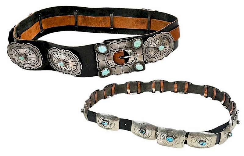 Appraisal: Two Silver and Turquoise Concho Belts both on leather one