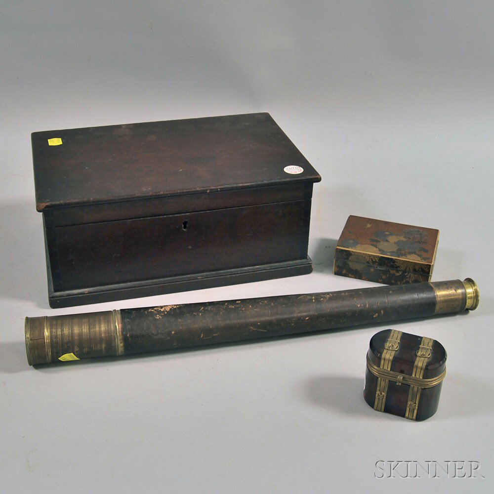 Appraisal: Group of Boxes and a Spyglass a dovetailed cherry box