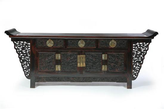 Appraisal: SIDEBOARD China th century hardwood possibly rosewood Shaped top ends