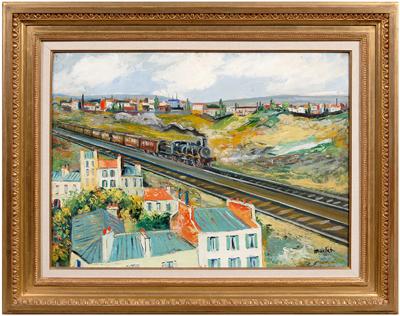 Appraisal: Elisee Maclet painting French - train in an urban landscape