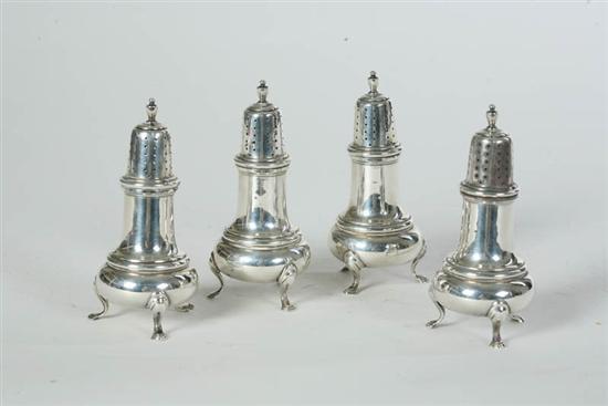 Appraisal: FOUR STERLING SILVER MUFFINEERS Reproduction George II style in baluster