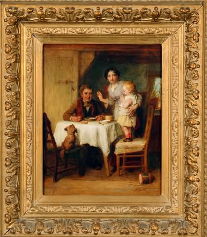 Appraisal: Interior genre scene with father mother child and dog at