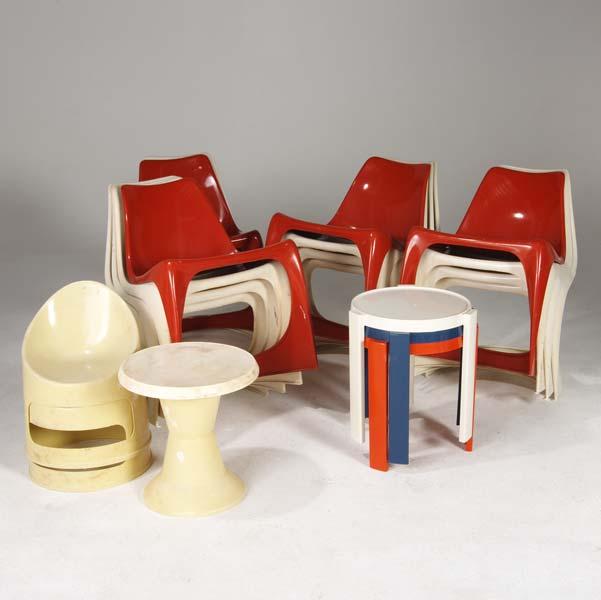 Appraisal: MOLDED PLASTIC Fourteen side chairs three stacking tables along with