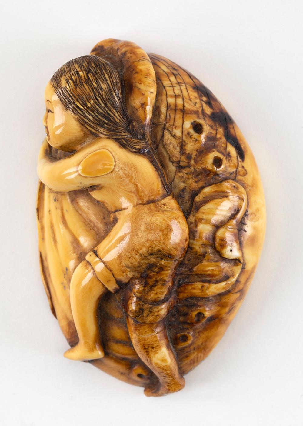 Appraisal: JAPANESE CARVED IVORY NETSUKE EARLY TH CENTURY LENGTH JAPANESE CARVED