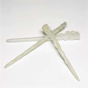 Appraisal: THREE ANTIQUE JADE HAIR PINS Group of three antique Chinese