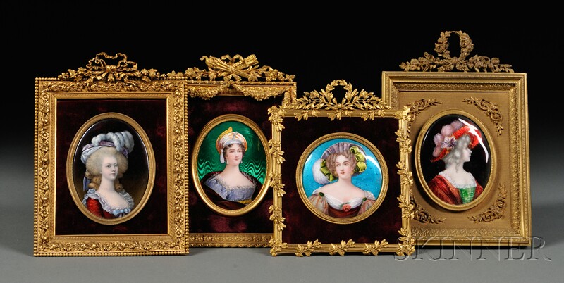 Appraisal: Four Enamel on Copper Portrait Miniatures of Ladies France th