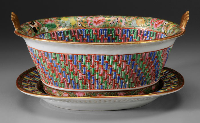 Appraisal: Famille Rose Reticulated Basket Under Plate Chinese th century export