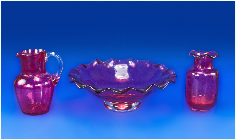 Appraisal: Three Pieces Of Cranberry Glass Comprising A Shallow Bowl With