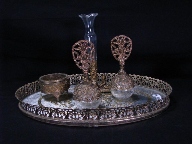 Appraisal: Vintage Cast Metal and Crystal Dresser Set including reticulated tray