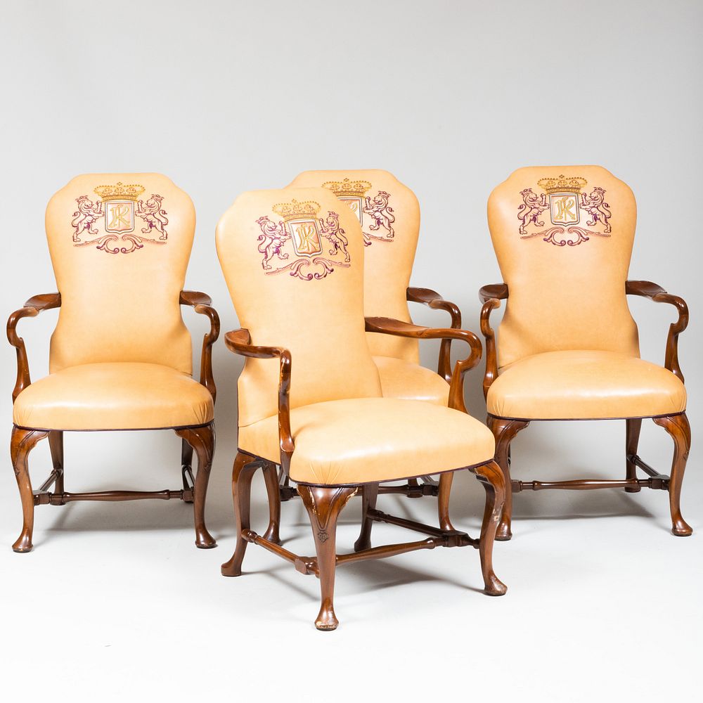 Appraisal: Set of Four George I Style Leather-Upholstered Mahogany Armchairs of