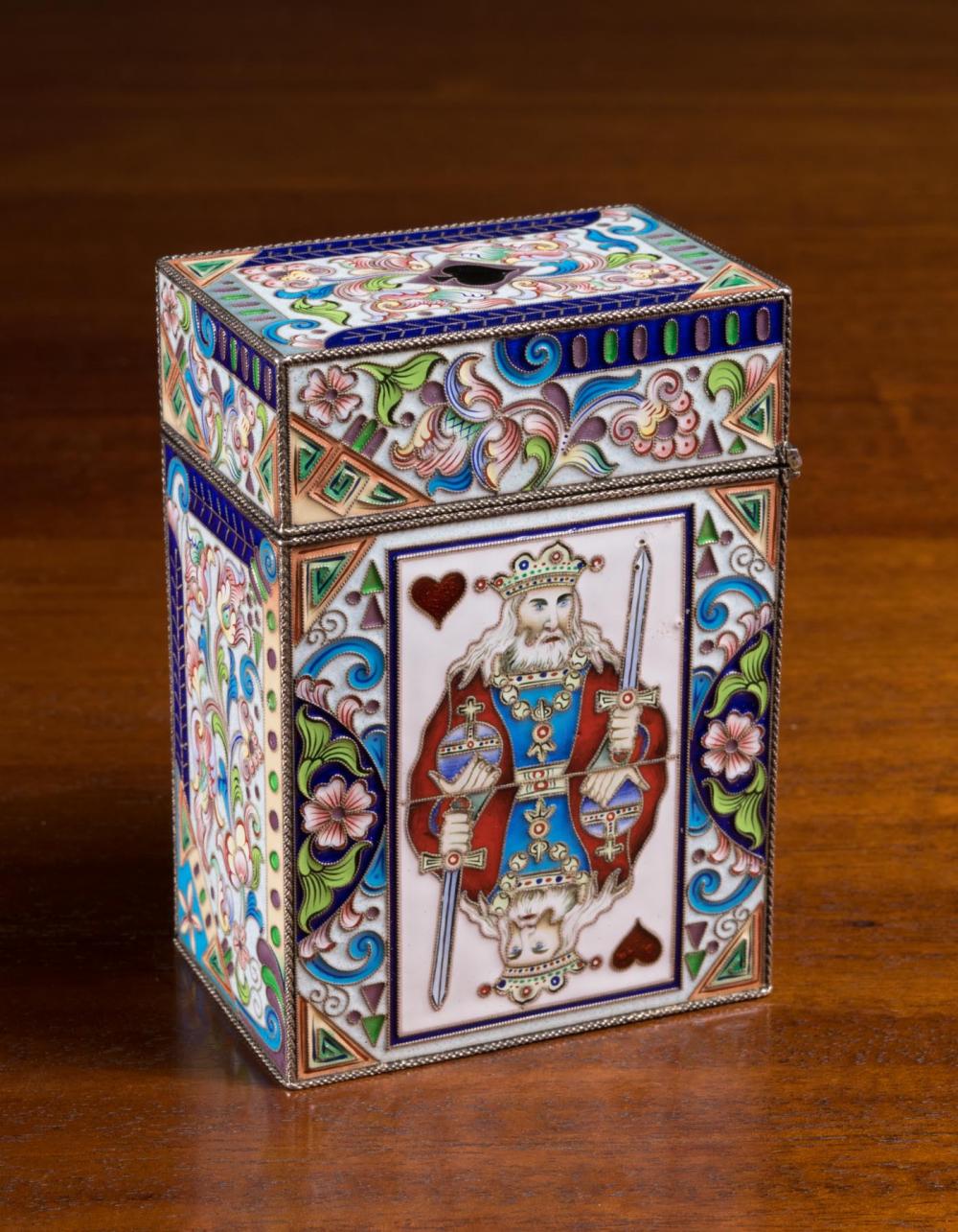 Appraisal: RUSSIAN FABERGE ENAMELED SILVER PLAYING CARD CASE Moscow c -