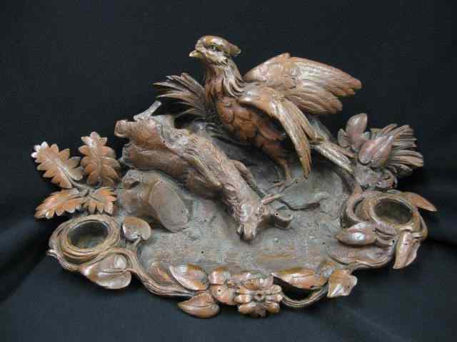 Appraisal: Black Forest Carved Inkstand double well wild game fowl decor