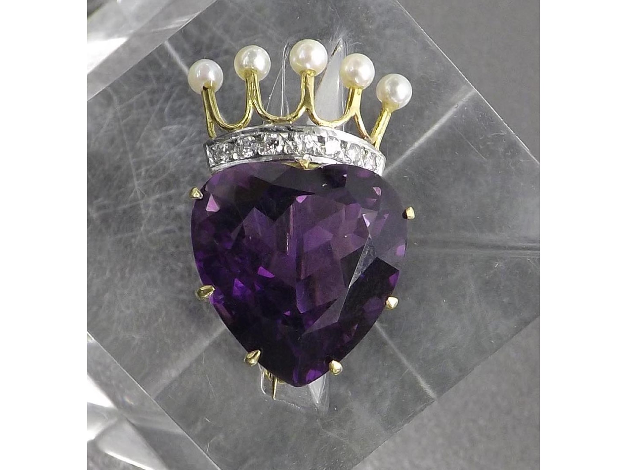 Appraisal: Gold mounted seed pearl diamond and amethyst heart shaped crown