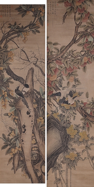 Appraisal: Pair of Chinese paintings mounted as scrolls with birds flowering