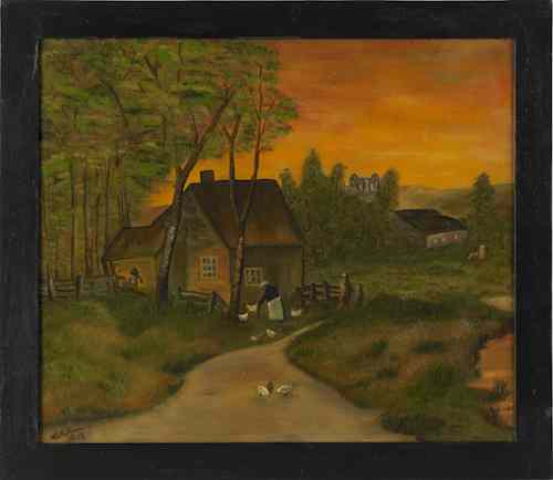 Appraisal: Oil on canvas primitive farmscene signed Wm H Somerville -