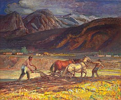 Appraisal: Oscar E Berninghaus Taos Field of Workersoil on canvas x