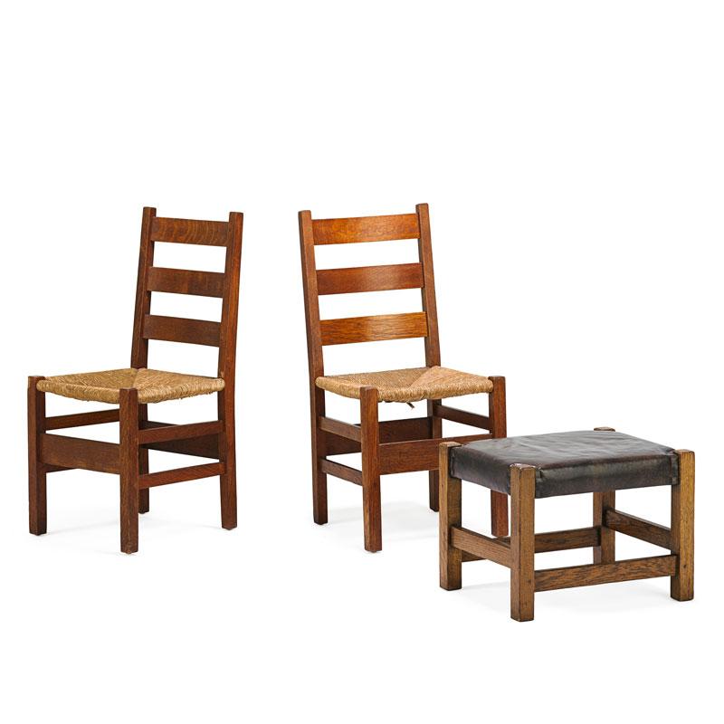 Appraisal: GUSTAV STICKLEY Two chairs and footstool Condition Report Chairs have