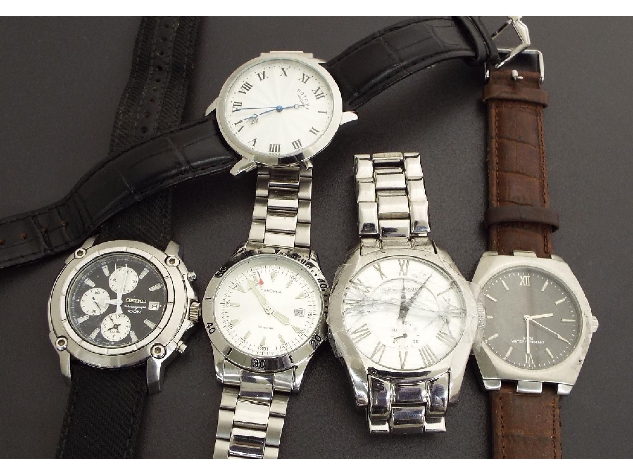 Appraisal: Five stainless steel gentlemen's wristwatches including Seiko Rotary Sekonda Emporio