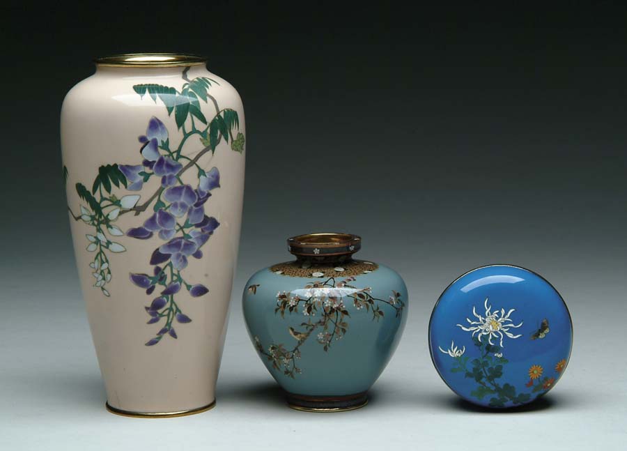 Appraisal: THREE JAPANESE CLOISONN ENAMEL PIECES Two vases and one covered