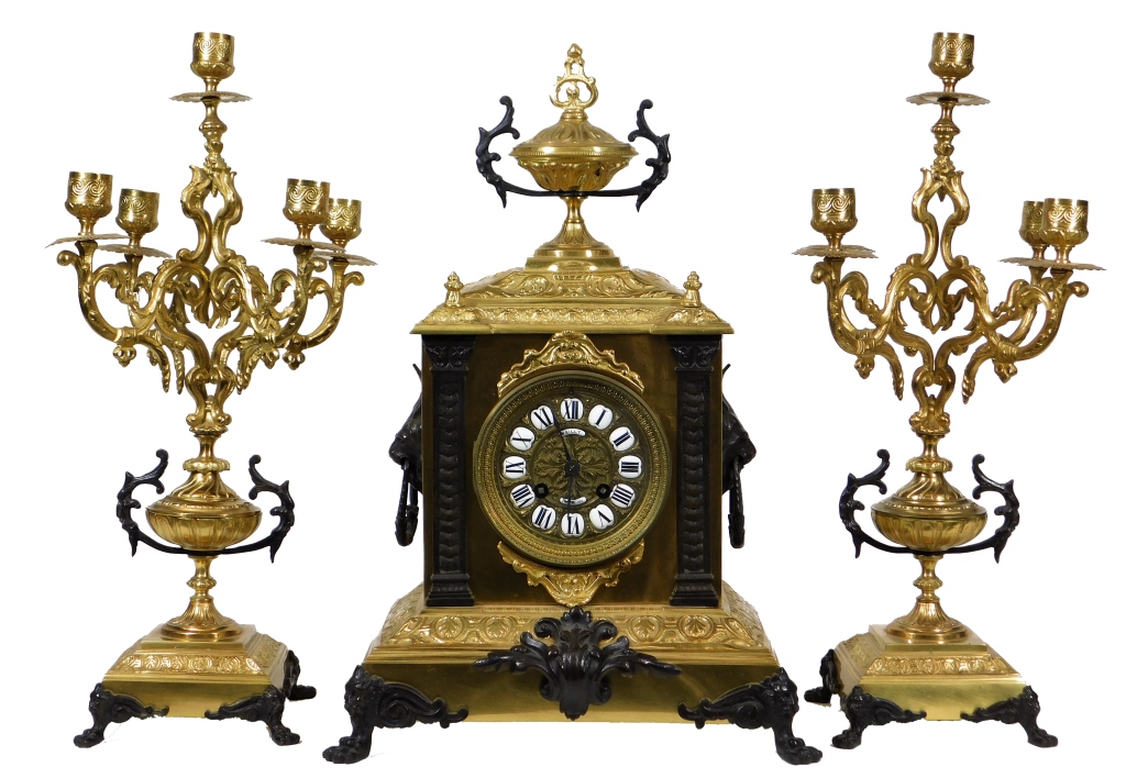 Appraisal: C FRENCH FRITZ MARTI BRASS CLOCK GARNITURE SET France Late