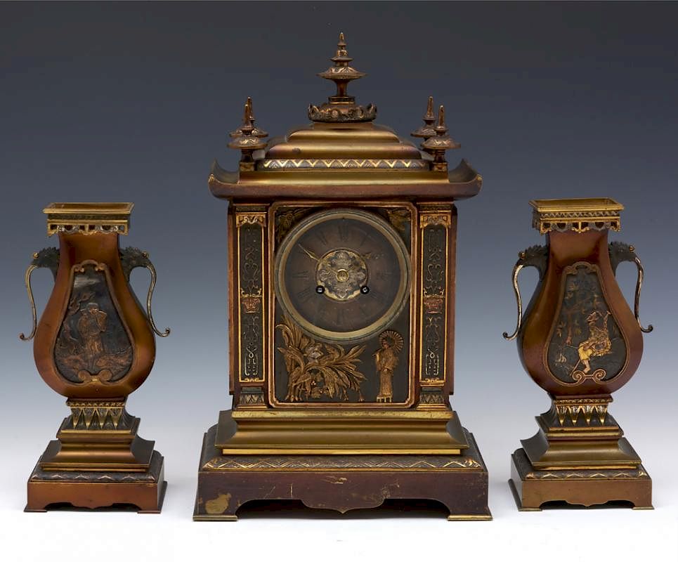 Appraisal: French Achille Brocot bronze three pc japanesque clock set French