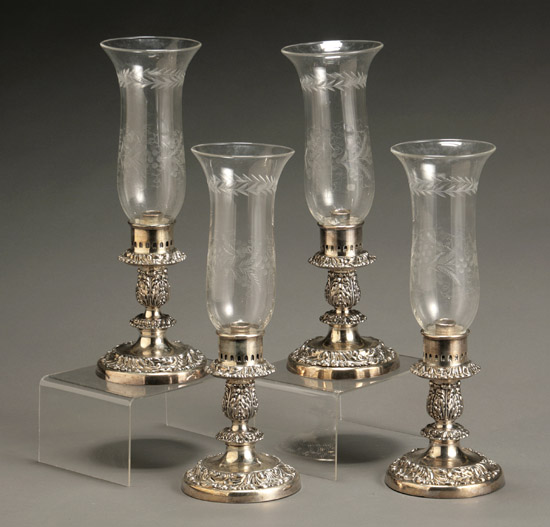 Appraisal: Set of Four English Silver Plate Candlestick Holders with Etched