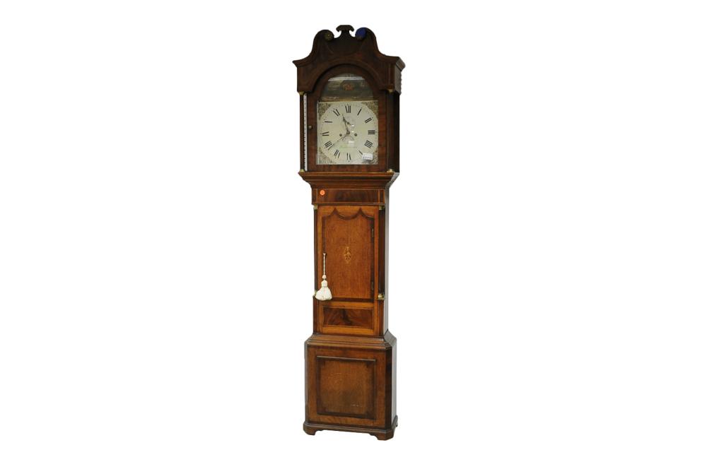 Appraisal: GEORGE III CARVED OAK MAHOGANY TALL CASE CLOCKthe clock face