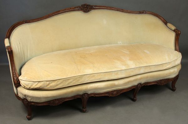 Appraisal: French-style sofa with carved crest h x w Stains and