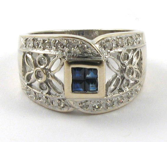 Appraisal: SAPPHIRE DIAMOND AND FOURTEEN KARAT GOLD RING centering four table-cut