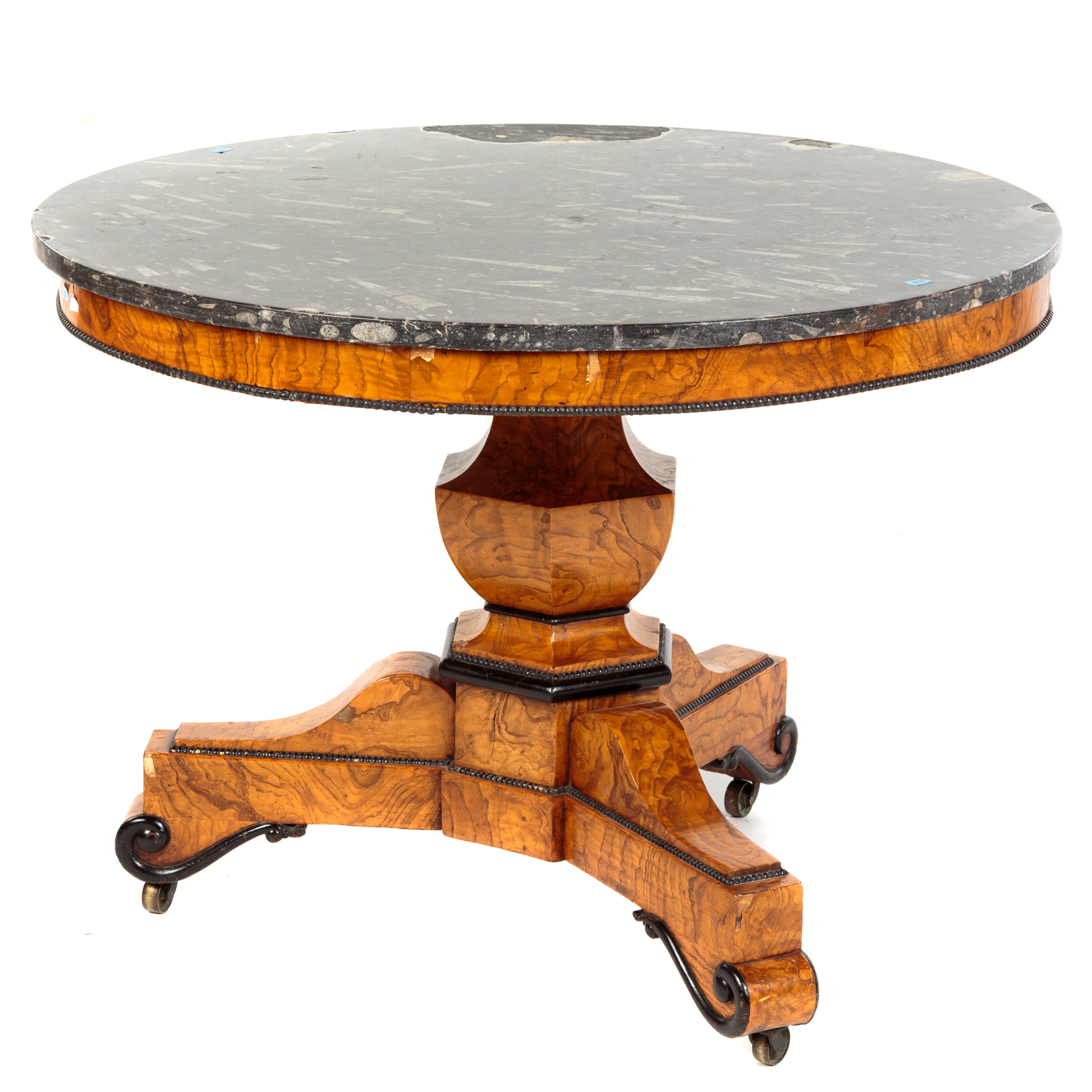 Appraisal: BIEDERMEIER ROUND MARBLE TOP TABLE Variegated marble top with hexagonal