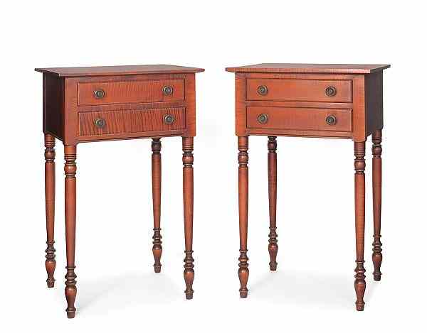 Appraisal: Pair of Eldred Wheeler Sheraton style curly maple two-drawer stands