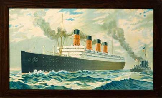 Appraisal: CUNARD LINE Aquitania Aquitania Travel agency color print showing the