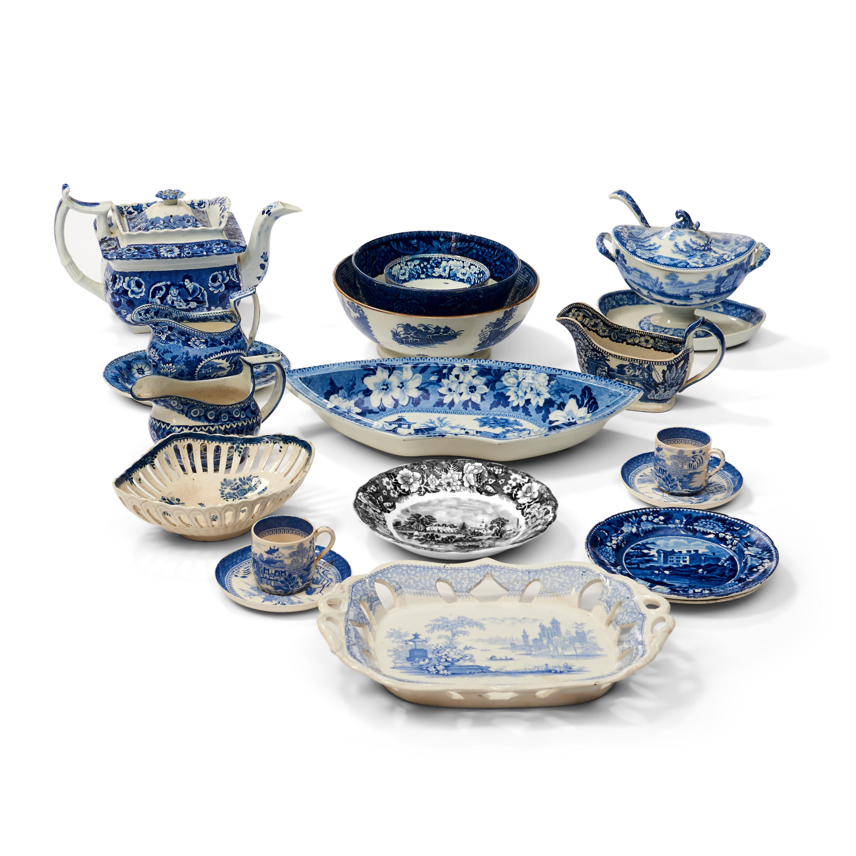 Appraisal: SEVENTEEN STAFFORDSHIRE BLUE TRANSFER ITEMS including teapot bowls cups dishes