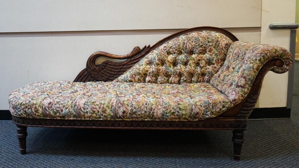 Appraisal: CONTINENTAL SWAN DECORATED WALNUT TUFTED FLORAL UPHOLSTERED CHAISE LOUNGE L