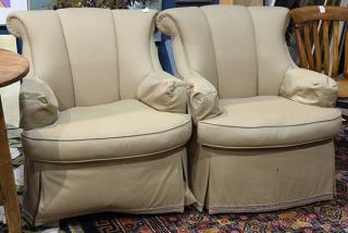 Appraisal: Pair of Moderne slipper chairs each covered in taupe upholstery