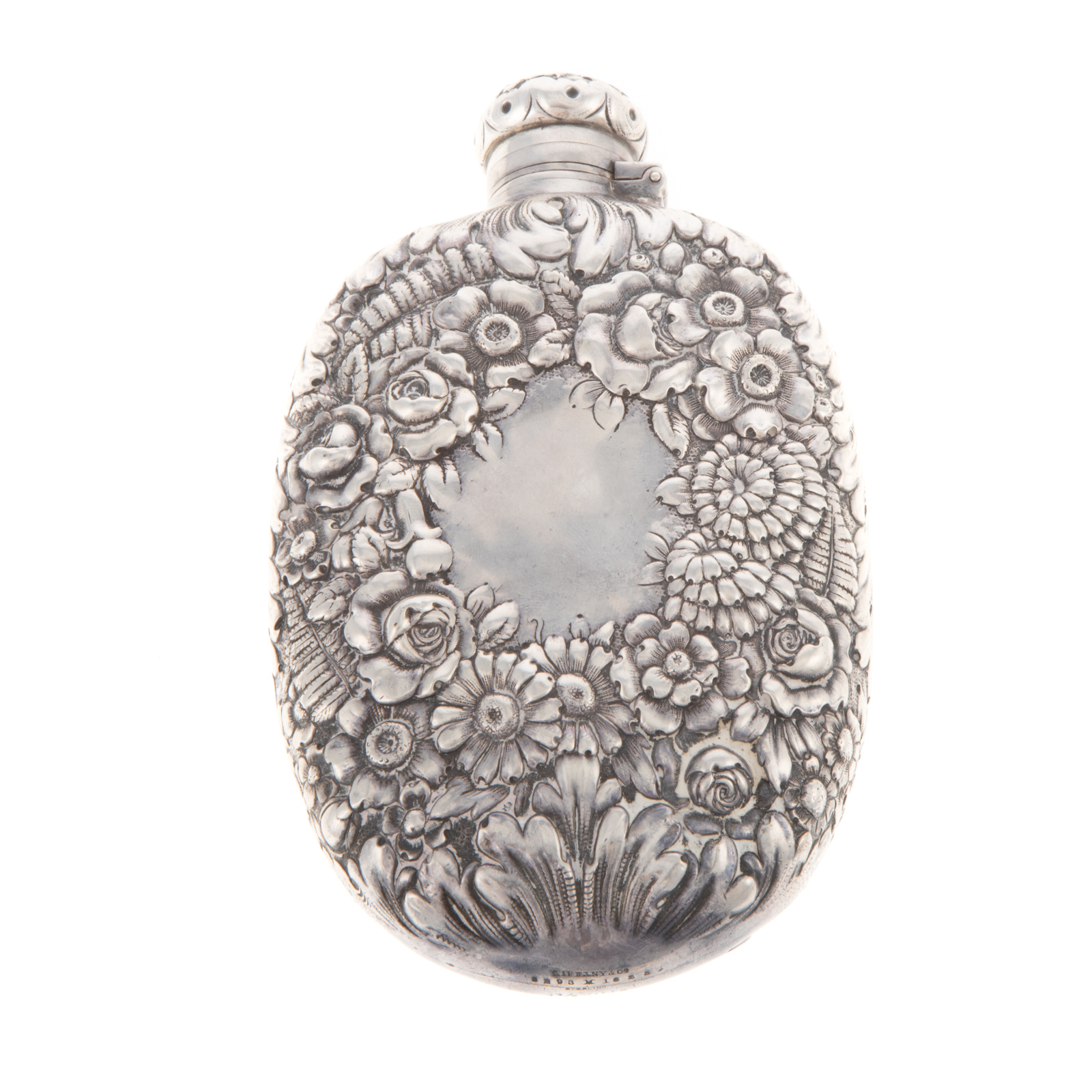 Appraisal: TIFFANY CO STERLING REPOUSSE FLASK - date mark pattern gills