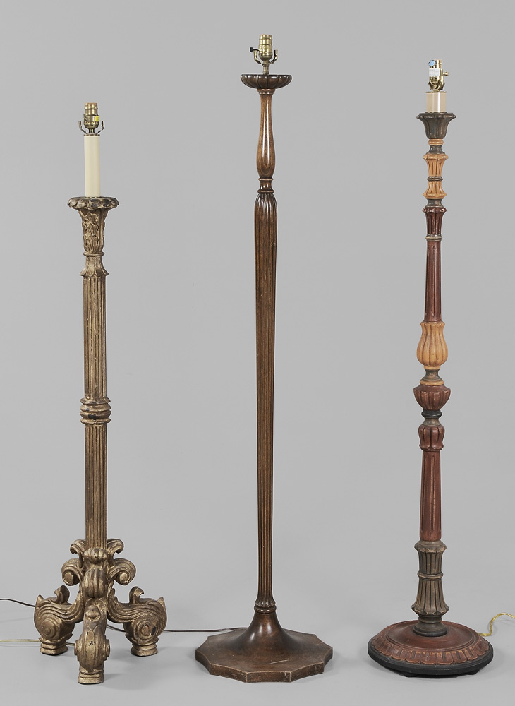 Appraisal: Three Wooden Floor Lamps one carved wood with gilt surface