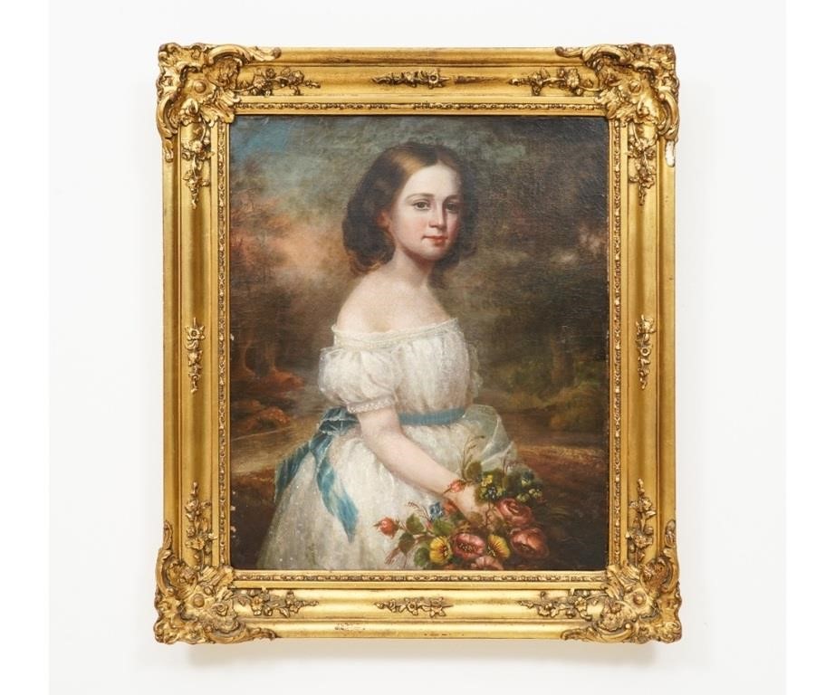 Appraisal: Oil on canvas portrait of a young woman holding flowers