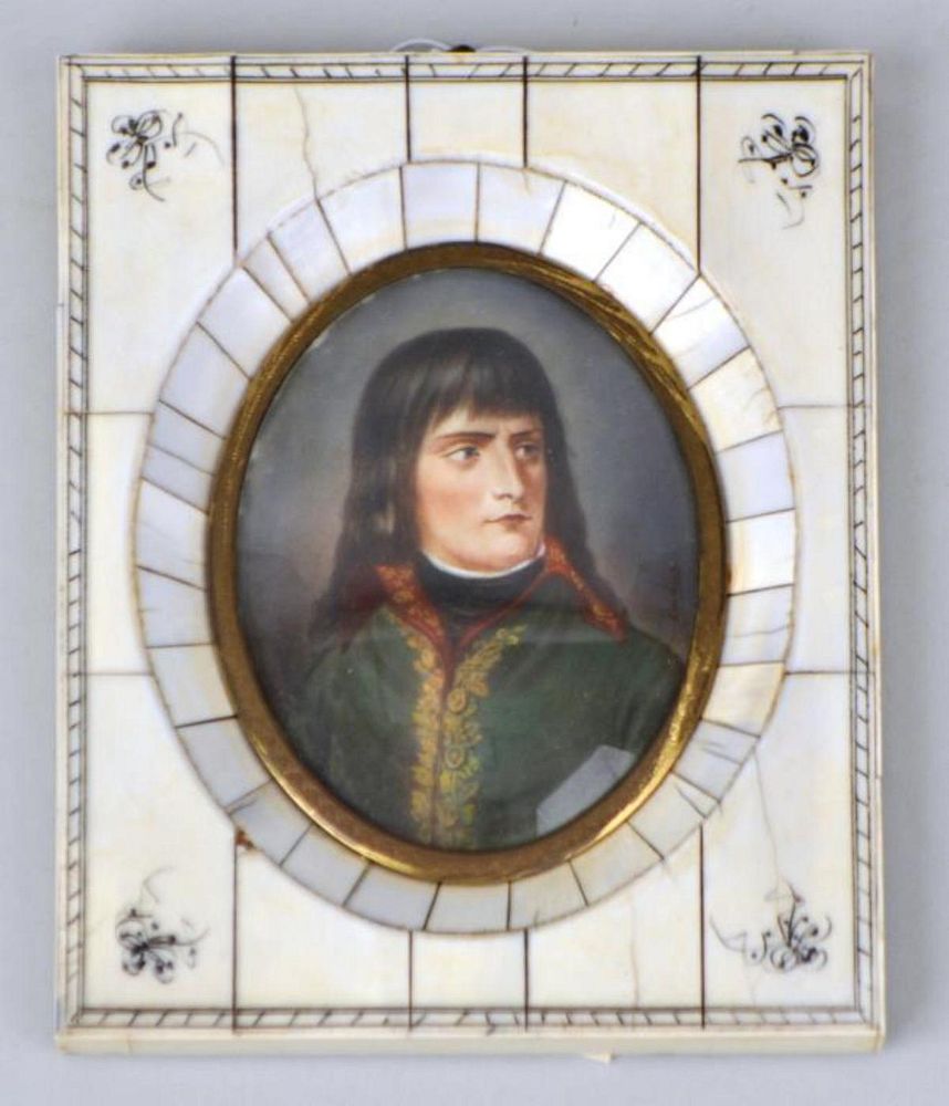 Appraisal: French Oval Portrait Miniature of Napoleon in a rectangular faceted