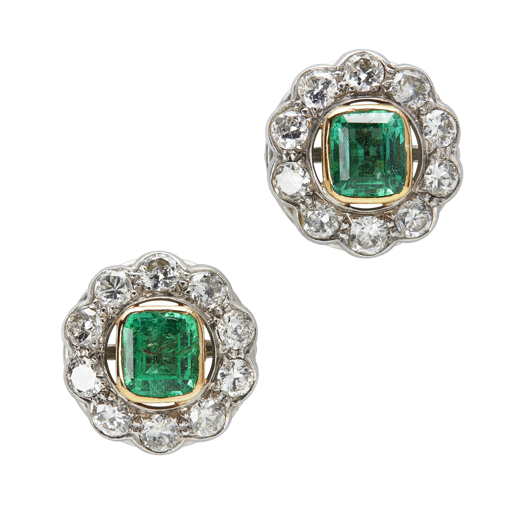 Appraisal: A pair of emerald and diamond set earrings each collet