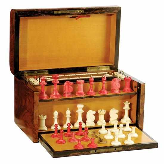 Appraisal: English burl walnut game box with chess set th century