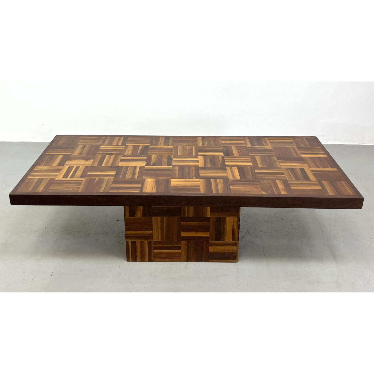 Appraisal: Contemporary Parquet top coffee cocktail table Hollow cube base Dimensions