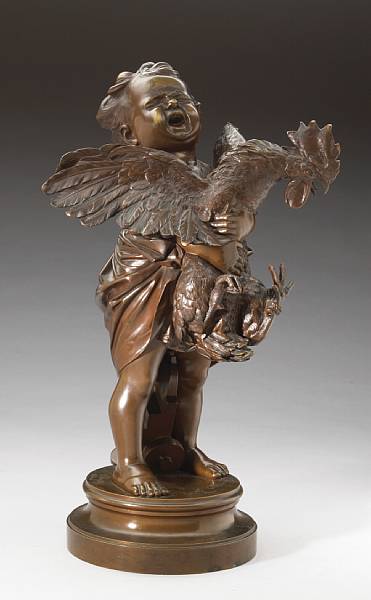 Appraisal: A French patinated bronze figural group Enfant au Coq cast