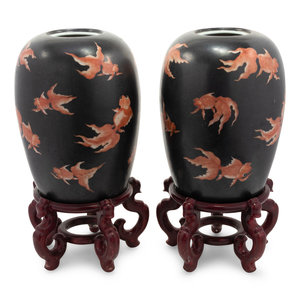 Appraisal: A Pair of Chinese Porcelain Goldfish Jars with Wood Stands