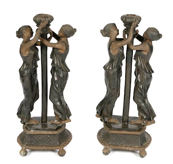 Appraisal: A pair of patinated bronze double figured lamp bases height