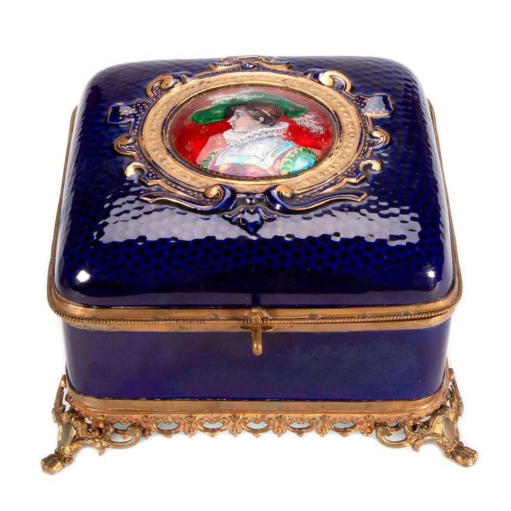 Appraisal: Glass and enamel box A gilt brass blue glass and