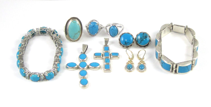 Appraisal: ELEVEN PIECES OF STERLING SILVER TURQUOISE JEWELRY including two bracelets