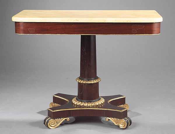 Appraisal: A Regency-Style Mahogany and Giltwood Console the yellow faux marble