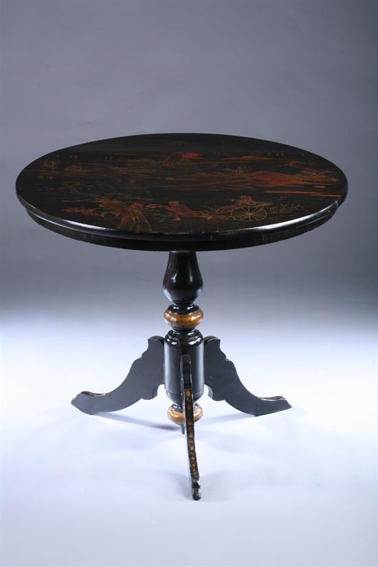 Appraisal: CHINOISERIE-DECORATED BLACK LACQUERED CENTER TABLE th century Raised hand-painted decoration