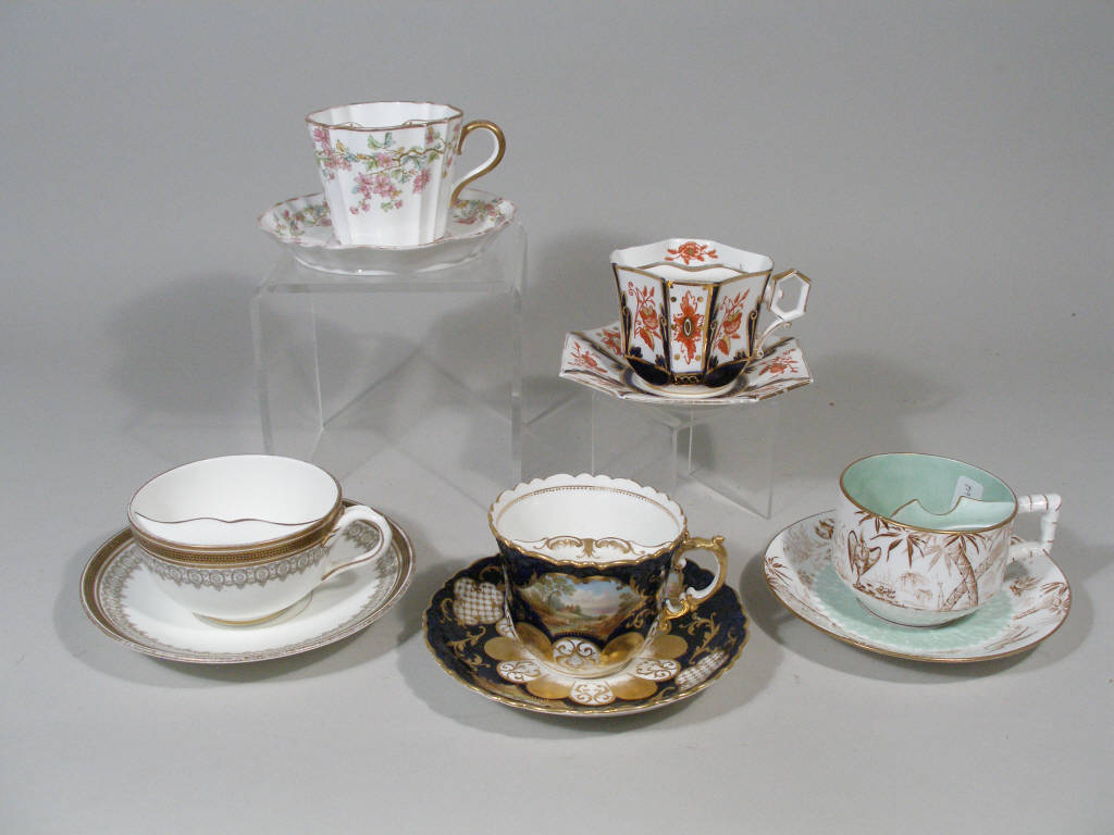 Appraisal: Group of Five English Mustache Cups w Saucers late th